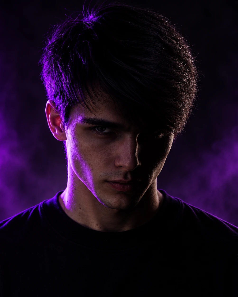 KRYPTIK — Porträt mit violettem Neon-Gegenlicht, Blick in die Kamera